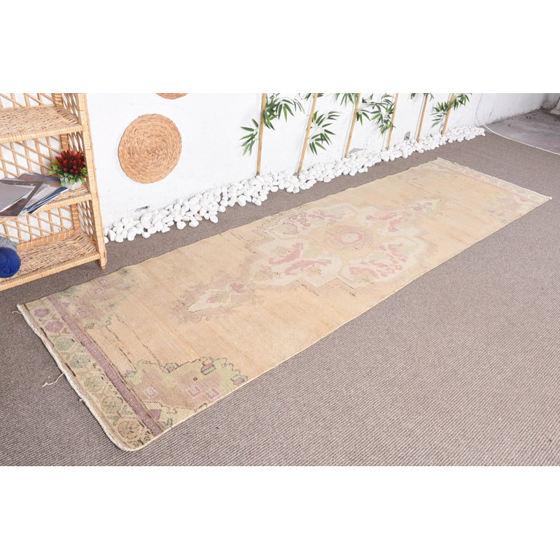 Tapis en laine beige, tapis de cuisine, tapis turcs, tapis rétro, tapis géométriques, tapis de couloir de 3 x 10,7 pi