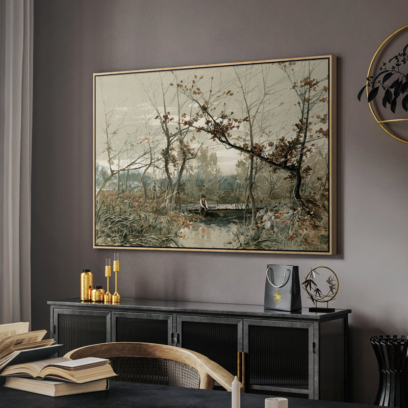 Paysage rétro - CDxxix, Toile avec cadre flottant or, H 25 po x l 37 po x P 2 po