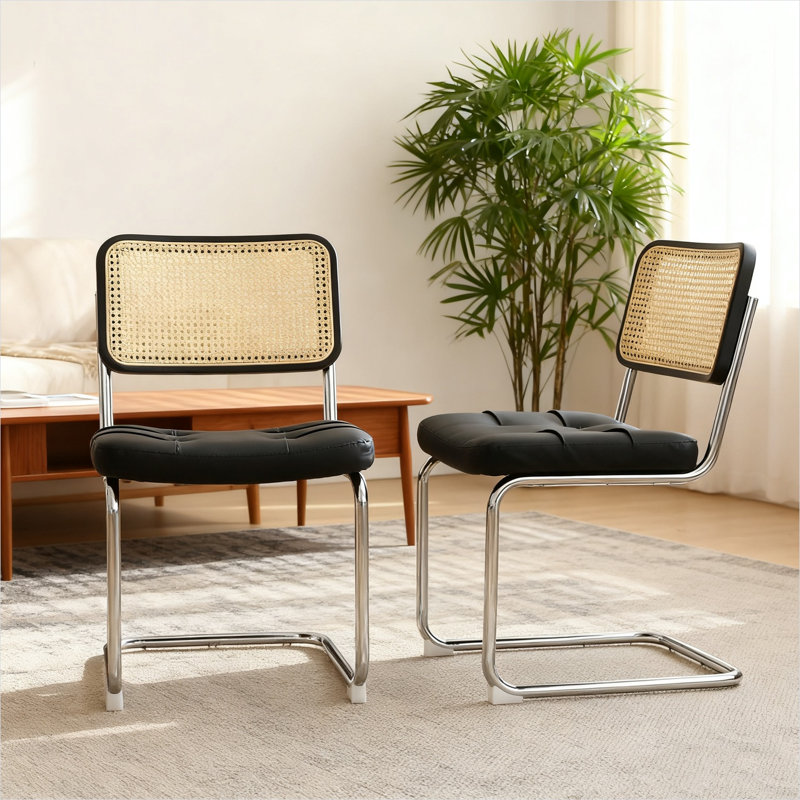 Ensemble de 2 chaises d'appoint de style Mid-Century avec dossier en rotin tissé et sièges en similicuir, noir classique