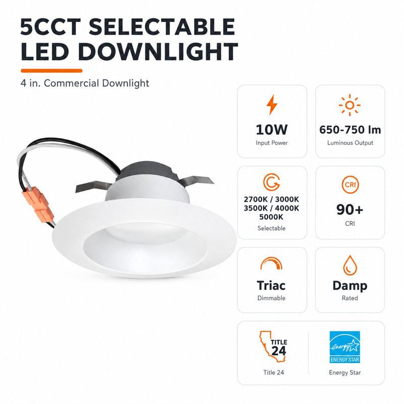 Luminaire encastré à DEL Euri Lighting de 10 cm (4 po), 10 W, 650-750 lm, équivalent à 50 W, 5 CCT, culot E26, conforme à la norme Title 24, ETL et ENERGY STAR.