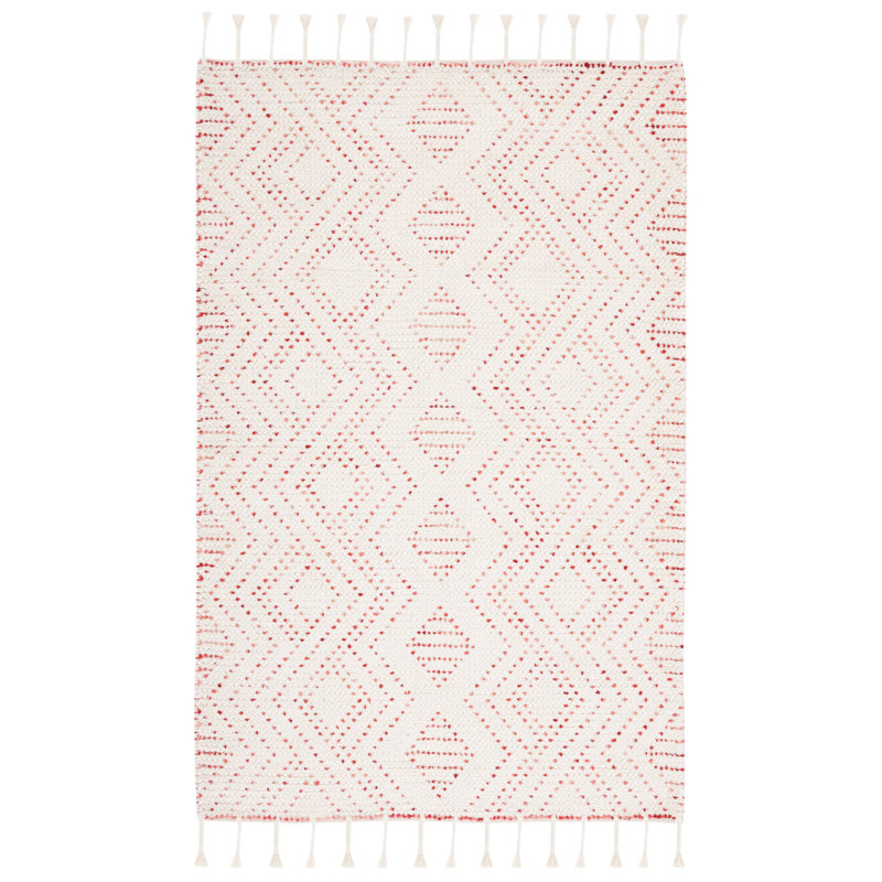 Lilya Hand Loomed Wool/Cotton Geometric Rug in Ivory/Red, Rectangle 3' x 5'