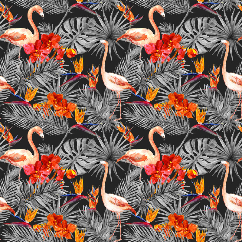 Premo Flamingo, Tropical Leaves, Exotic Flowers - Wrapped Canvas Print, 30cm H x 30cm W x 3.8cm D