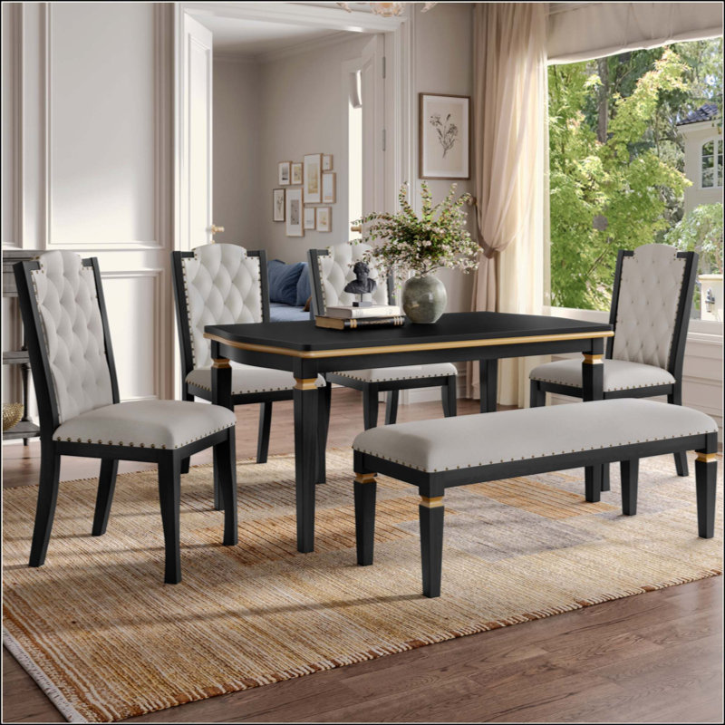 Ensemble de table de salle à manger 6 pièces, table rectangulaire, 4 chaises capitonnées à dossier haut et 1 banc pour la salle à manger et la cuisine
