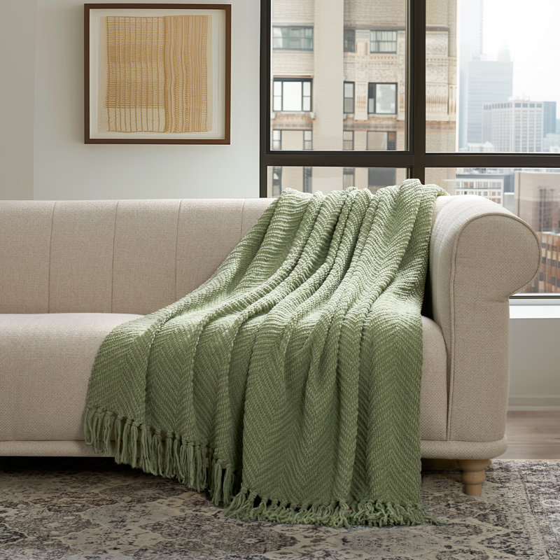 Herringbone Chenille Throw Blanket, Sage Tea Green, 50" W x 60"L