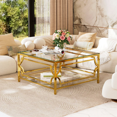 Table basse carrée en verre de 33,5 po, cadre géométrique luxueux, finition dorée et tablette inférieure