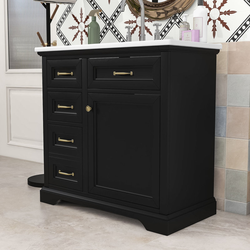 Meuble-lavabo avec lavabo en céramique, 4 tiroirs, tablette réglable et porte à fermeture en douceur, Noir