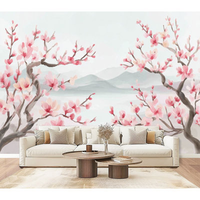 Papier peint à peler et coller, aquarelle douce, branches de fleurs de cerisier, paysage abstrait, art mural, 69 po x l 96 po, amovible, papier mural en PVC, décoration murale auto-adhésive pour chambre à coucher, bureau à domicile