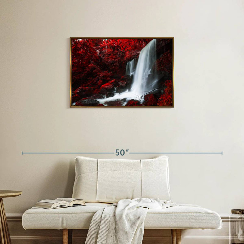 Chute d'eau rouge d'automne, Cadre flottant doré, 31 po x 21 po
