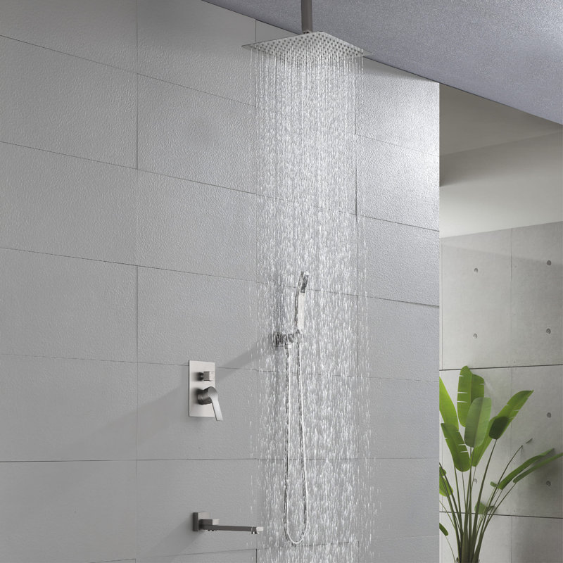 10 Inch Ceiling Mounted Tub Shower System With Handheld Shower Single Handle Shower Faucet Set Brass High Pressure Shower Trim Kit With Rough-In Valve