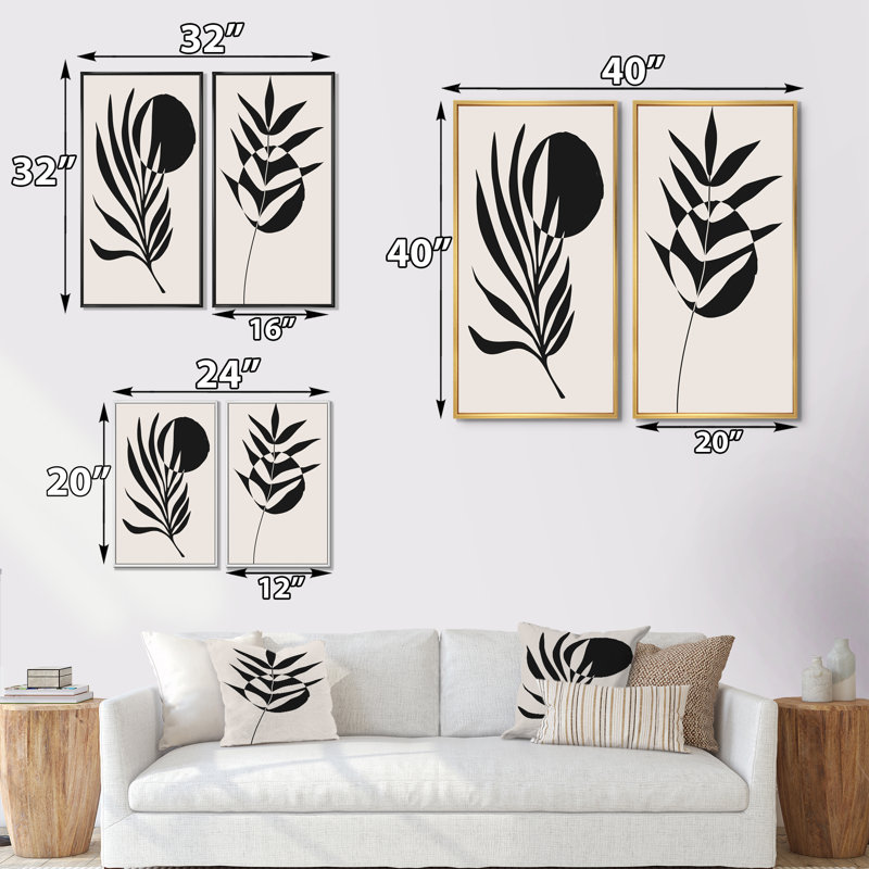 Minimalist Botanical Line with Palm Leaves II - ensemble de 2 peintures, H 32 po x l 32 po x P 1 po, Cadre blanc