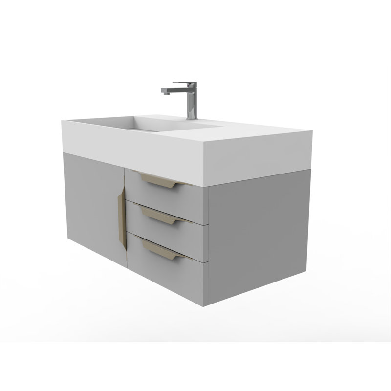 Ensemble de meuble-lavabo mural simple 36 po Bassi, Blanc, Doré, gris