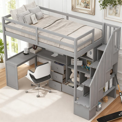 Twin Loft Bed with Premium L-Shaped Workstation & Storage Staircase