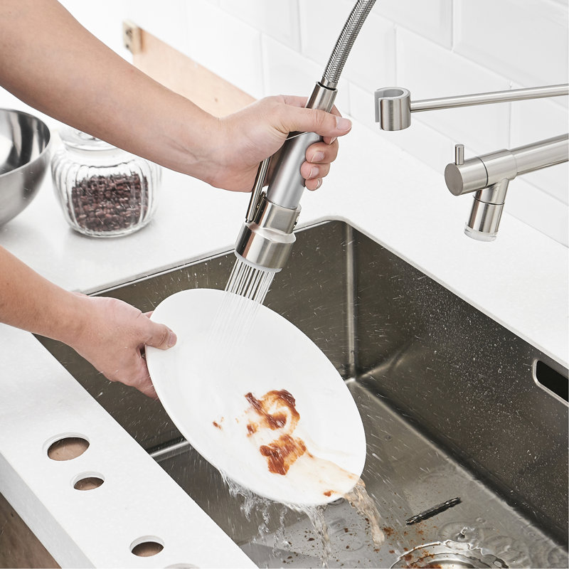 Modern Led Kitchen Sink Faucet, Brushed Nickel, Pull Down , Single Lever Handle, 360 Degree Rotating, Dual Settings Options Modes Flow Fashionable Rotatable For