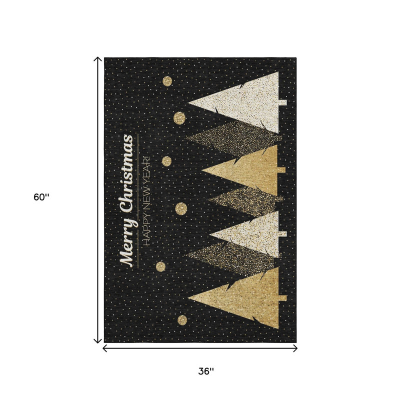 3' X 5' Black Gold And Ivory Christmas Tree Washable Area Rug With UV Protection