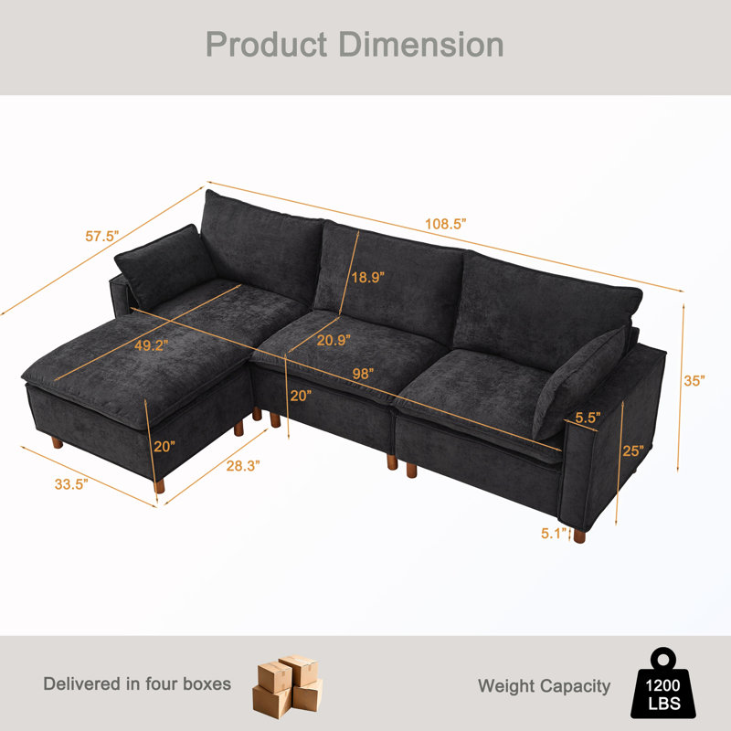 Canapé modulaire en L avec repose-pieds mobile, Chenille noir