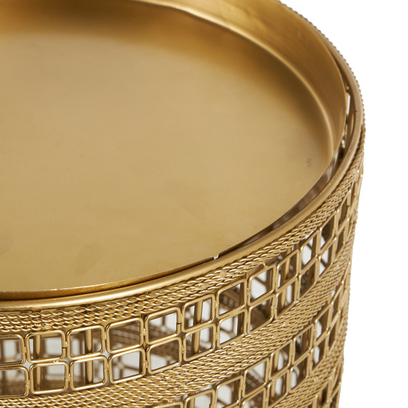 Round Gold Metal End Table Set with Tray Style Top