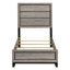 Ensemble de chambre à coucher Sutter taupe clair pour lit simple, comprenant un lit à panneaux, une commode et une table de chevet.
