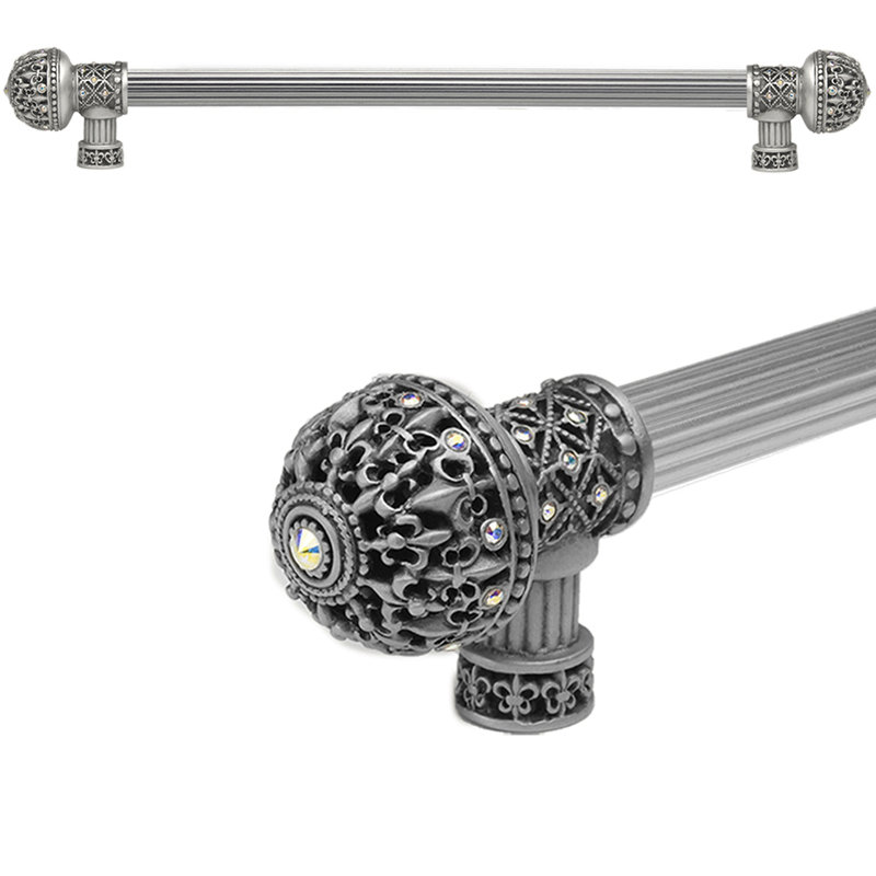 Carpe Diem Hardware 7648R-11AB Versailles Satin Fleur De Lys 12 inches c.c. long pull large finial with Swarovski Crystals with 5/8 reeded center in Satin