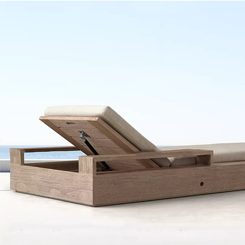 Outdoor Recliner Wood Frame Adjustable Back Outdoor Teak Wood Chaise Lounge , Cushion Included