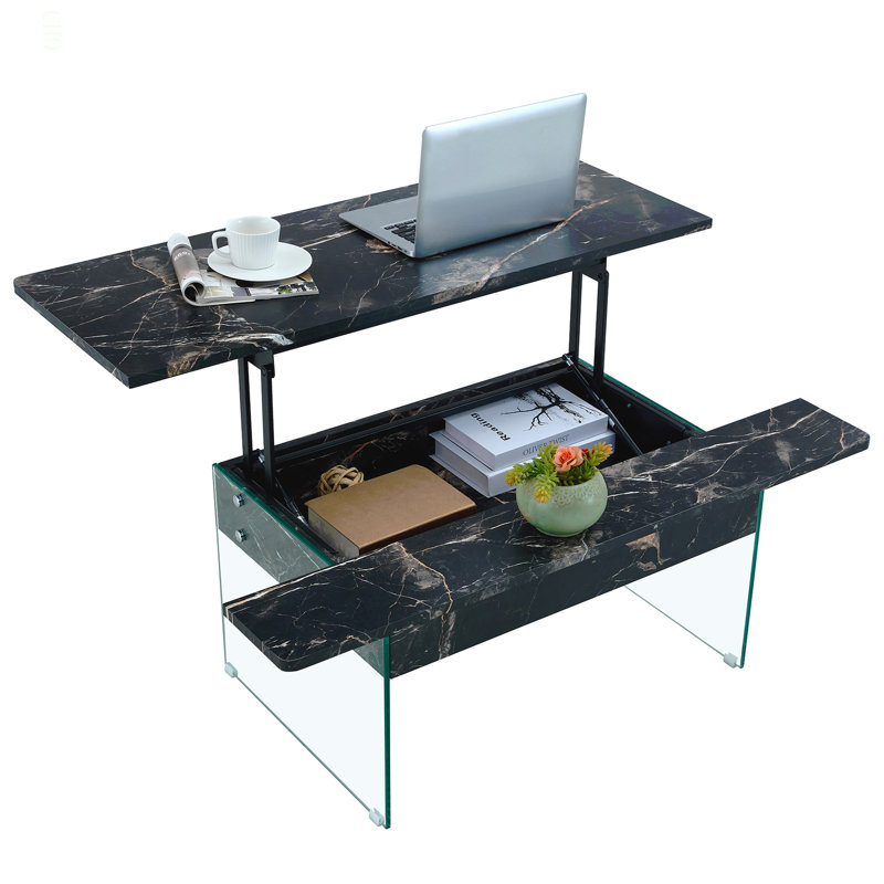 Table basse à plateau relevable de 43,3 po avec rangement - verre marbré et tempe (capacité de 300 lb) pour un salon, un bureau