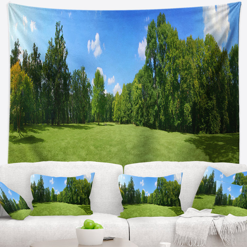 Tapisserie panorama landscape green city park, H 32 po x l 39 po