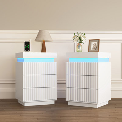 White Nightstand Set of 2 with Charging Station and LED Lighting, Modern Bedside Table with Sliding Top and Drawers for Bedroom