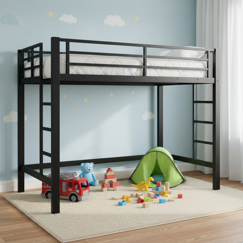 Full Size Metal Loft Bed, Loft Bed with Easy Climbing Ladder and Guardrails for Bedroom, Full