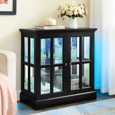 Armoire en verre antique avec rangement réglable, portes, dossier en acrylique et éclairage contrôlé pour la décoration intérieure, système à 7 couleurs à DEL, plateau de table en bois texturé, base de support