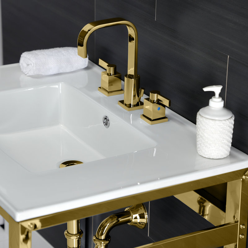 Kingston Brass Quadras 31-Inch Ceramic Console Sink with Steel Base and Shelf, White/Polished Brass, 8" Centers