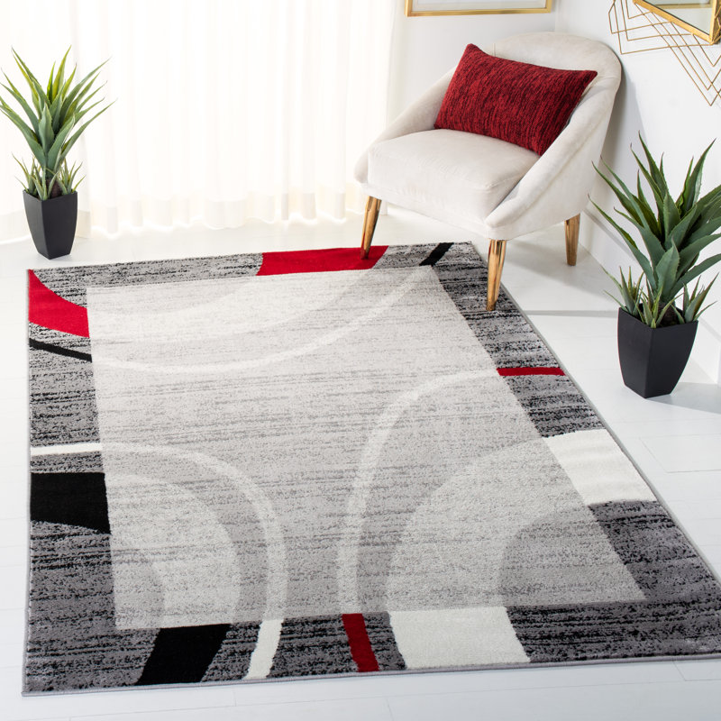 Tapis gris / rouge Anastos, Rectangle 5 pi 5 po x 7 pi 7 po