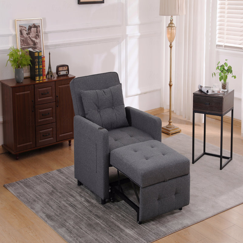 Avec fauteuil inclinable avec fauteuil inclinable 3-en-1 Canapé-lit escamotable Fauteuil-lit simple réglable avec ports USB, poche latérale, tissu en lin rembourré gris