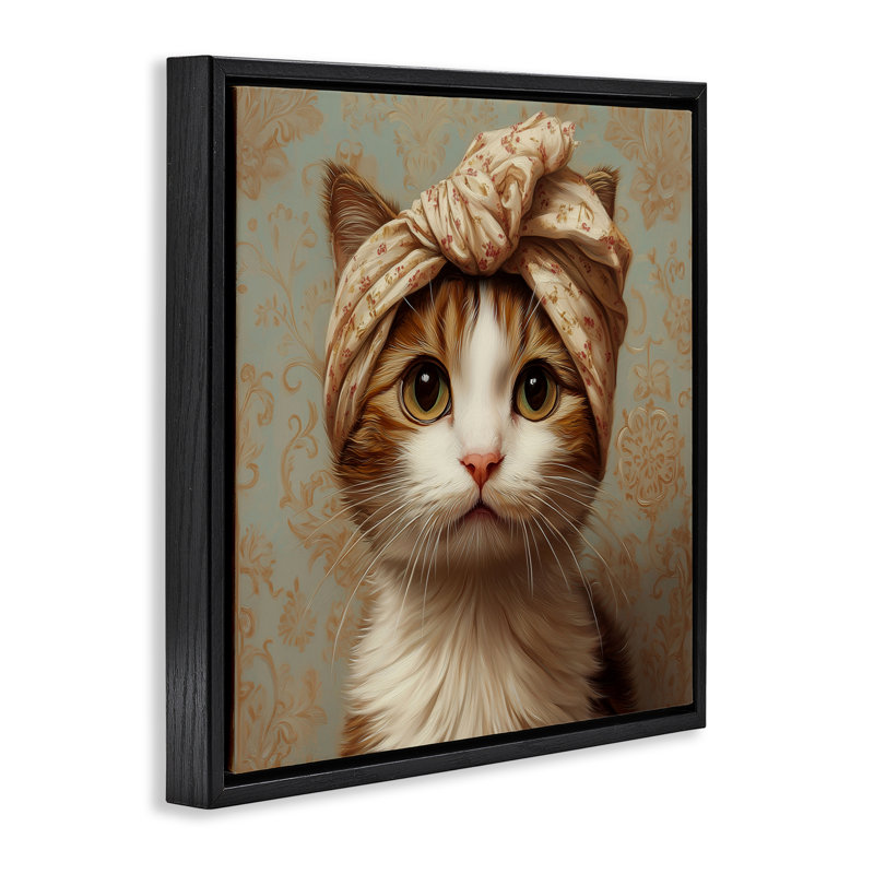Chat avec cadre flottant tendance Turban, design par Jim Baldwin, H 18 po x l 18 po, Cadre flottant noir de jais