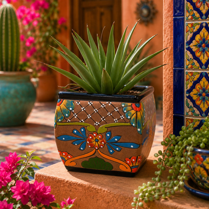 Desert Bloom Hand Painted Square Talavera Planter