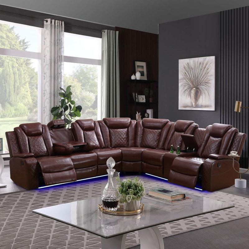 Canapé modulaire inclinable électrique en cuir 3 pièces 210 po avec éclairage DEL, Brun