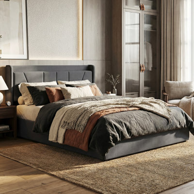 Linen Ottoman Bed with Built-in Cahrging Station, Modern Gas-Lift Storage Bed, Beige/Grey,  EU Double/King 140/160x200cm