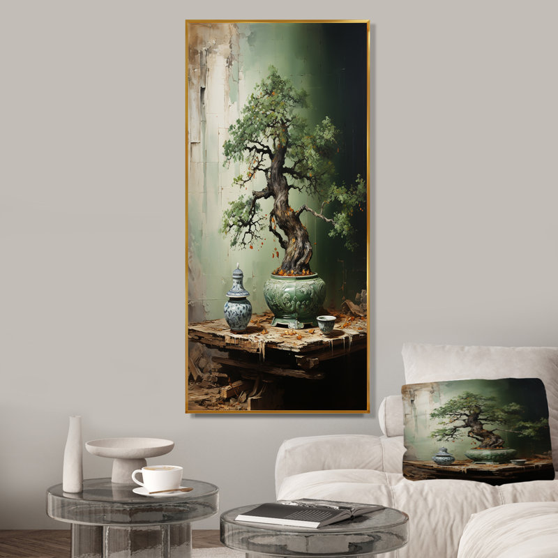 Ancienne Bonsai miniature I - Art mural arbre Bonsai, Cadre flottant doré, 40" H x 30" W