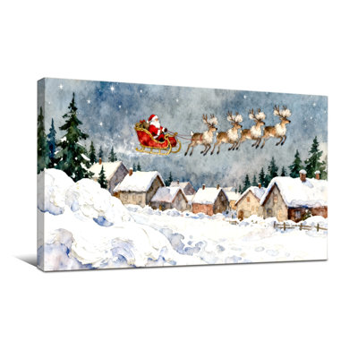 Christmas Santa Flying Over Snowy Village With Reindeer