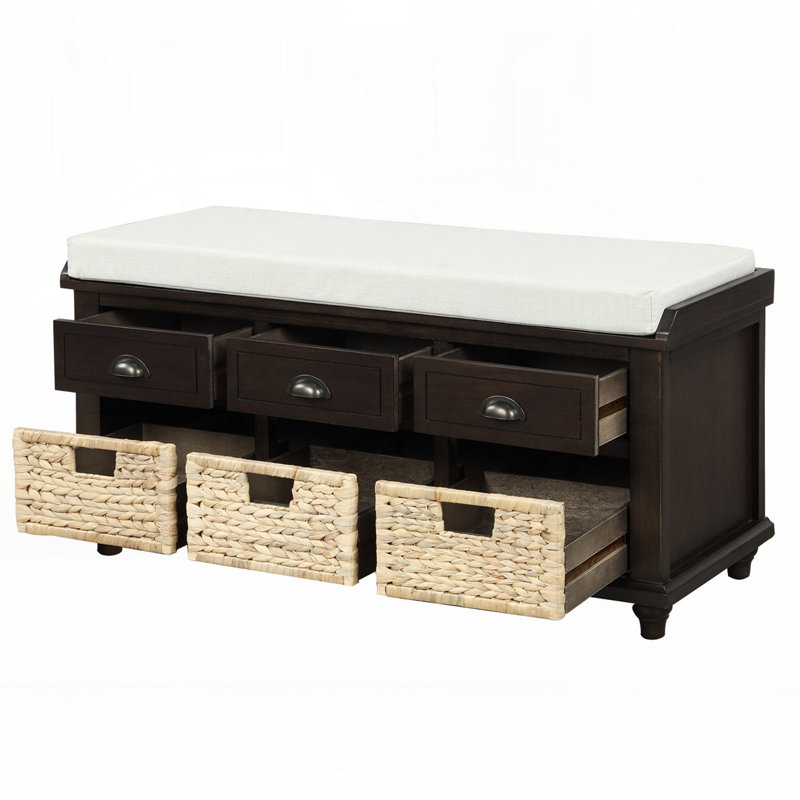 Rustic Storage Bench with 3 Drawers and 3 Rattan Baskets, Espresso