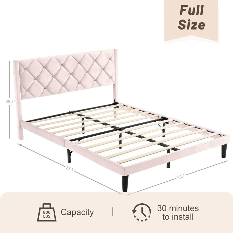 Structure de lit tapissier en velours rose pleine grandeur
