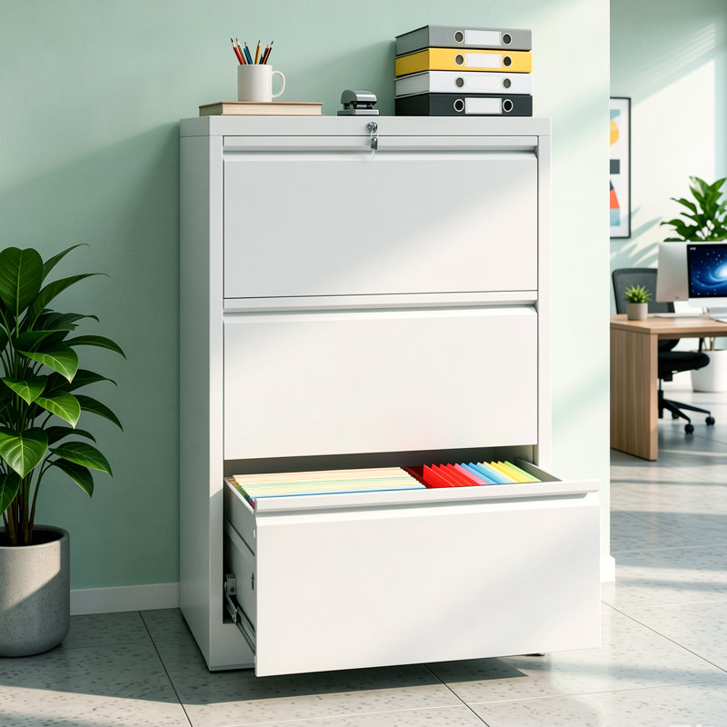 Classeur latéral Abheek 40"H à 3 tiroirs en métal blanc avec serrure pour dossiers A4, Lettre et Juridique, assemblage requis