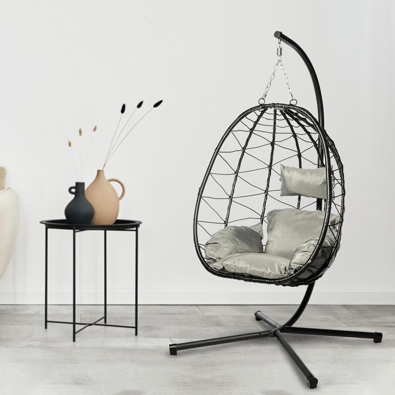 Fauteuil à œufs suspendu avec support Beddora - Fauteuil à œufs en osier pour l'intérieur et l'extérieur avec coussin et appui-tête, fauteuil pivotant à 360 °, structure en acier robuste, capacité de 450 lb
