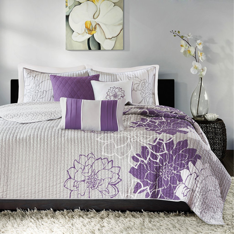 Ensemble de courtepointe double / grand réversible imprimé en coton avec coussins décoratifs, motif floral pour un confort toute l'année