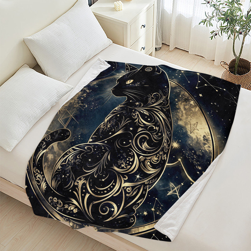 Couverture polaire en flanelle JYK Halloween pour lit simple, légère, respirante, douce et chaude en microfibre pelucheuse, 152 x 203 cm, motif constellations de chats.