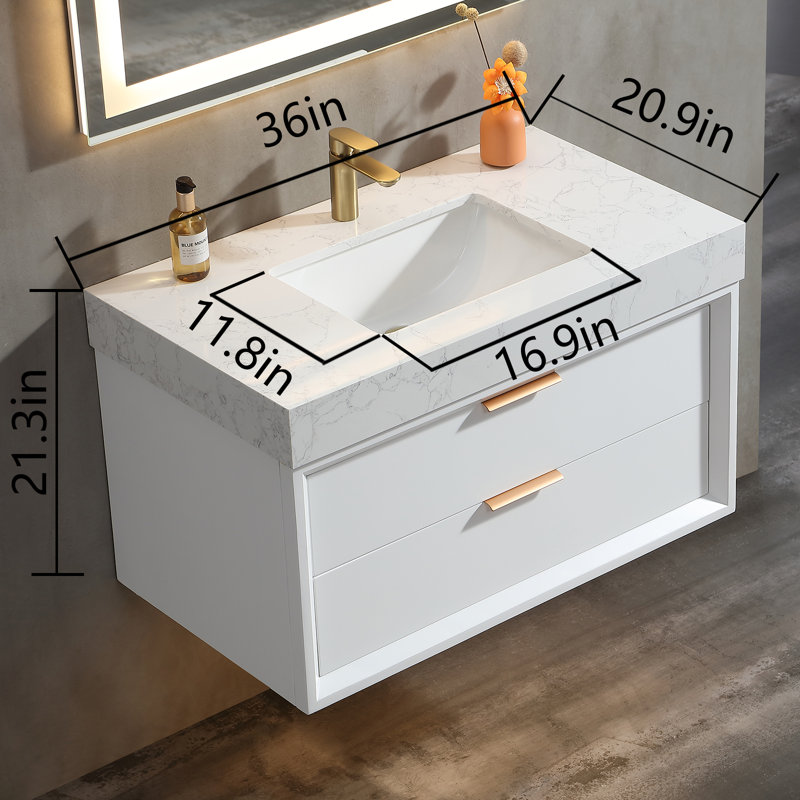 Meuble-lavabo mural en bois flottant avec plateau en acrylique blanc, Blanc, 36"