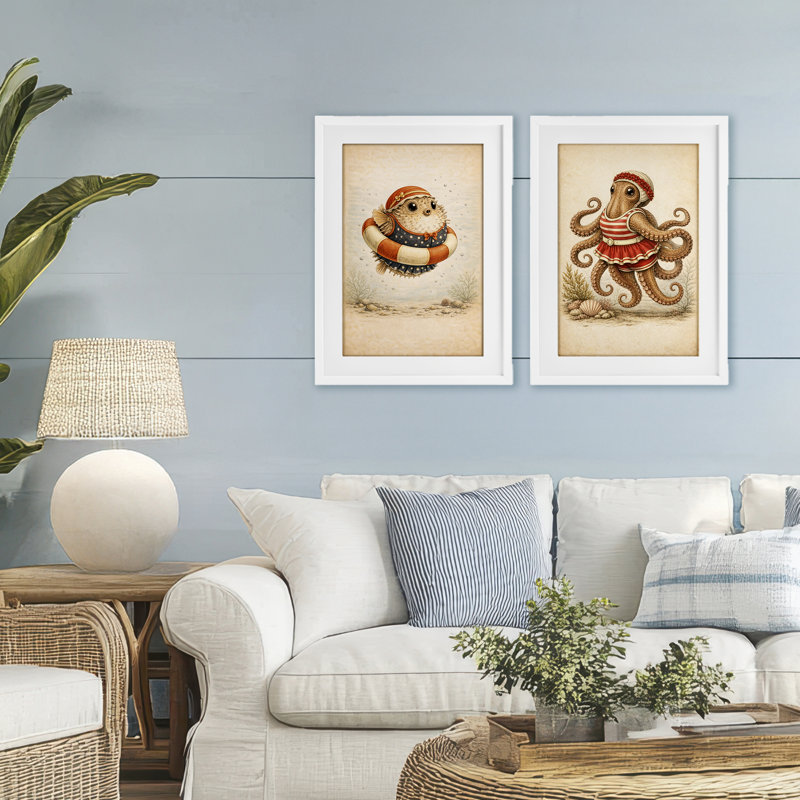 Ensemble de 2 reproductions sous-marines Vintage, 23 x 17, Coastal White Under Glass Framed