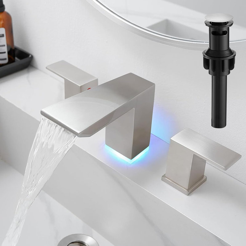 LED Waterfall Bathroom Faucet, 8-Inch Widespread 3-Hole Vanity Sink Faucet with Dual Handles, Pop-Up Drain & Supply Lines, Brushed Gold