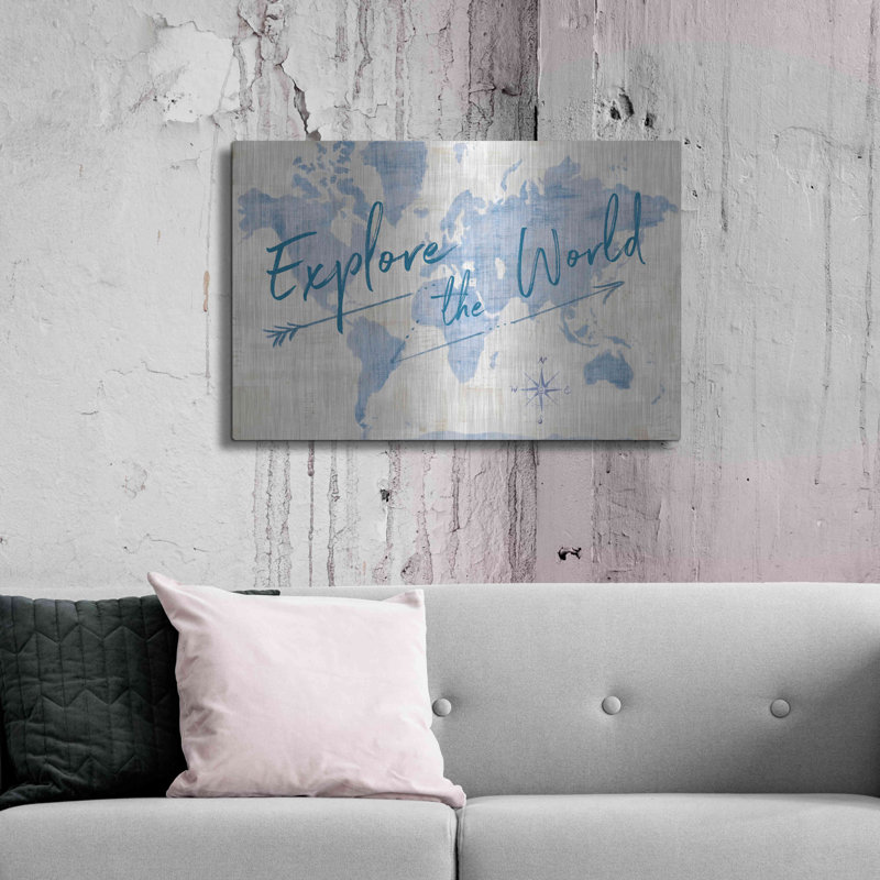 «World Map Collage Explore» par Sue Schlabach - peinture sans cadre, H 24 po x l 36 po x P 0,13 po