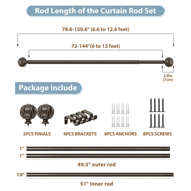 Beiba Adjustable Single Curtain Rod, Bronze, 71” – 143”