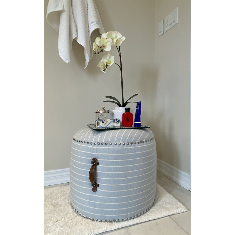 Johnson 20" Pouf Ottoman Upholstered with Ticking Stripe Linen Fabric, Light Blue Cotton Blend