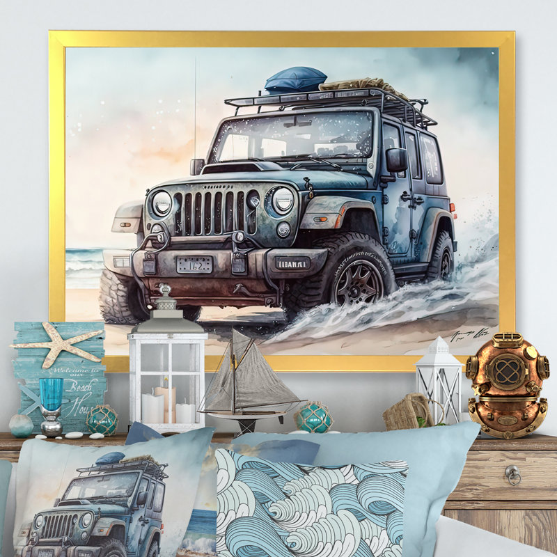 «Off Road on the Beach II», peinture sur toile, H 30 po x l 40 po x P 1,5 po, Impression dorée sur toile encadrée